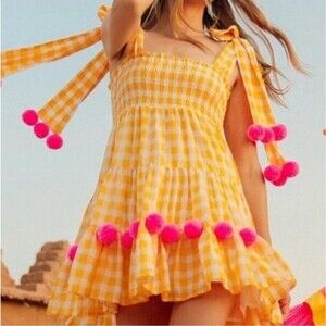 Sundress Pippa Dress Women's M/Large Yellow Gingham Check Pom Pom Boho Revolve